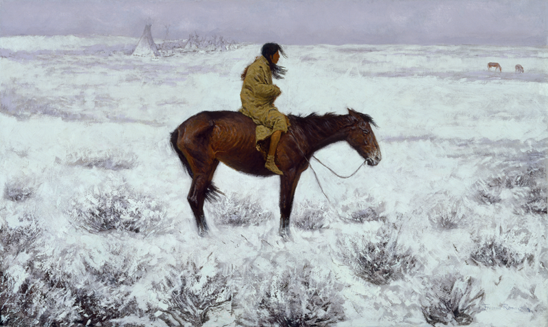 A lone indigenous figure on horseback in a dreary, snow-covered landscape.