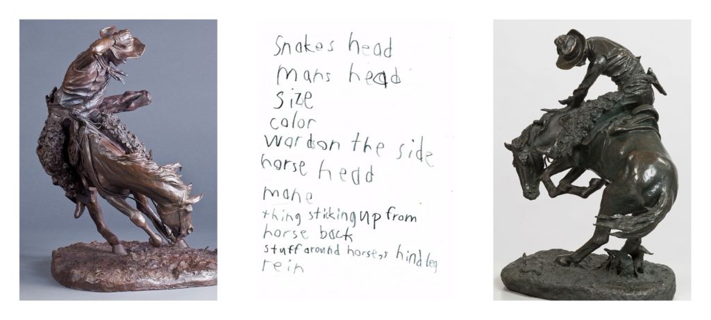 an image of The Rattlesnake bronze sculpture on either side and a list of text inbetween in children's handwriting