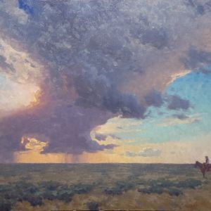 Horizontal landscape painting of open plains and big sky.