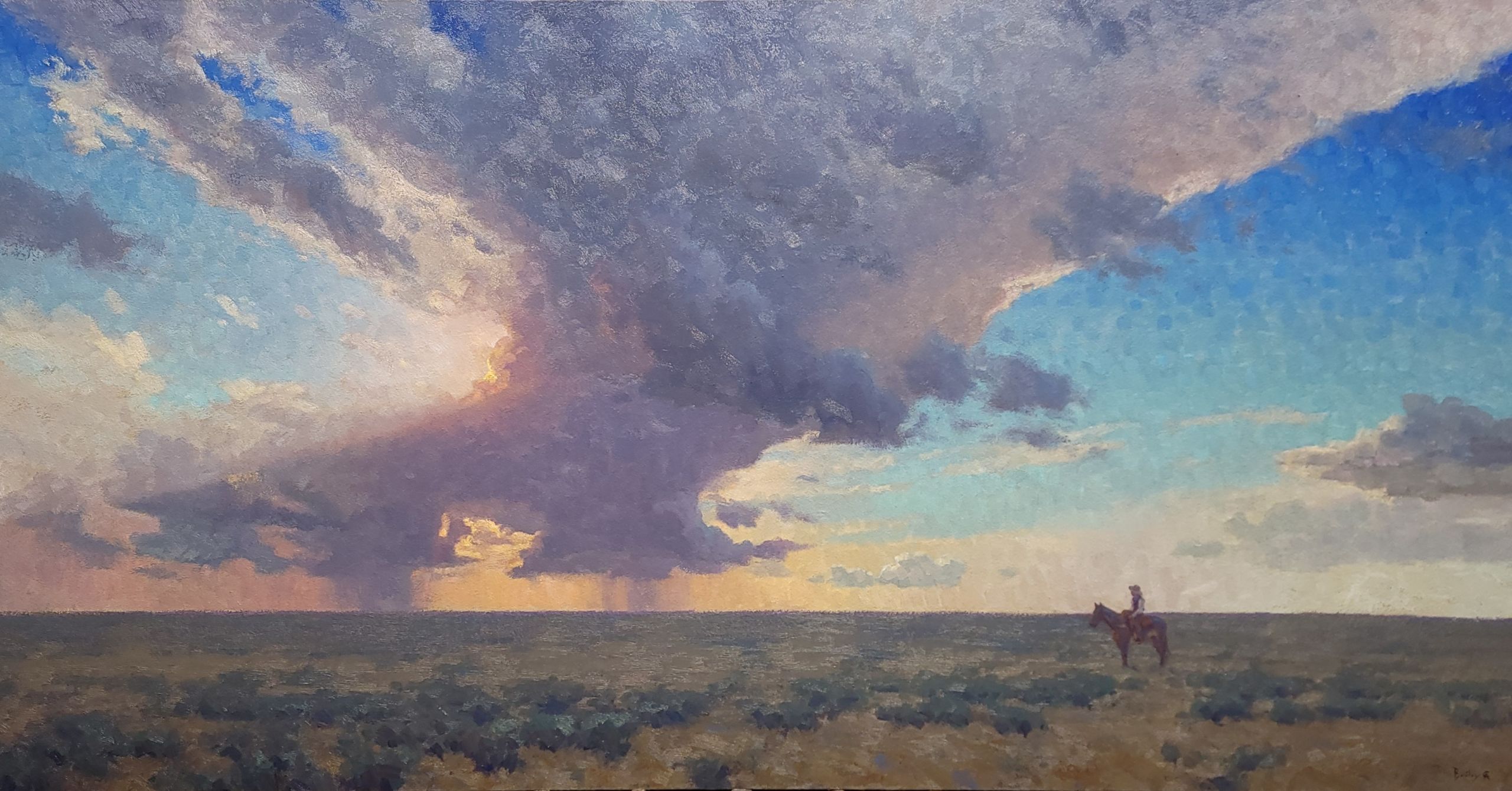 Horizontal landscape painting of open plains and big sky.