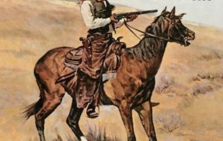 Mounted Anglo cowboy pointing a rifle into the distance on his left.