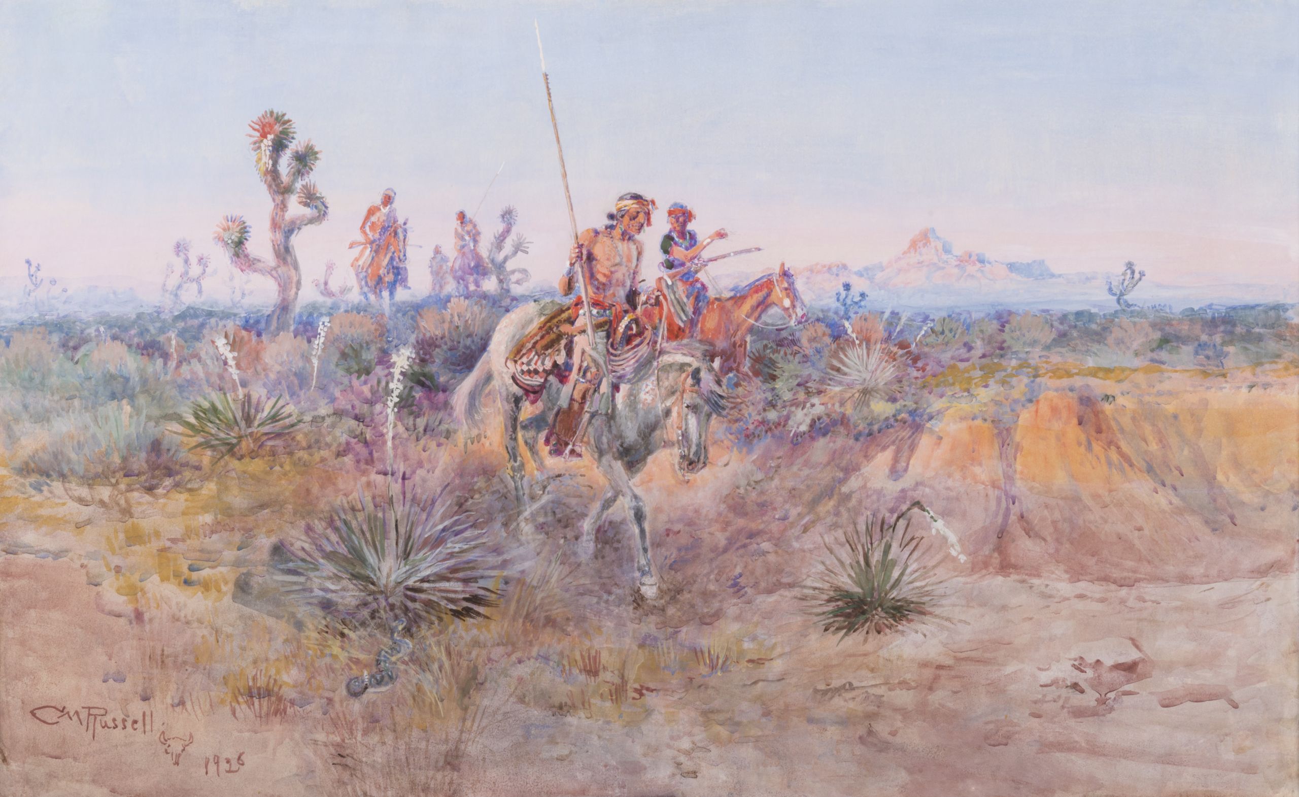 A group of Navajo men traveling on horseback through the desert.