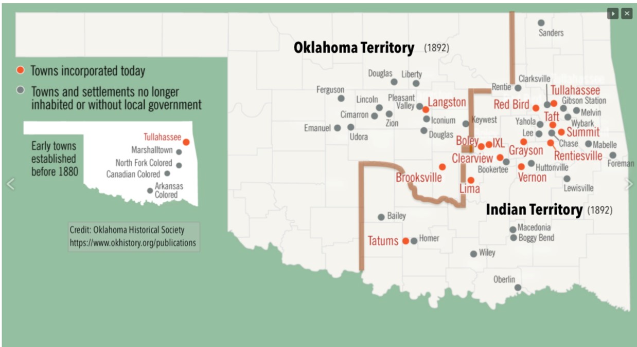 map of Oklahoma noting Black settlement towns