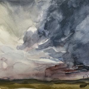 Watercolor landscape with dramatic cloudy skies