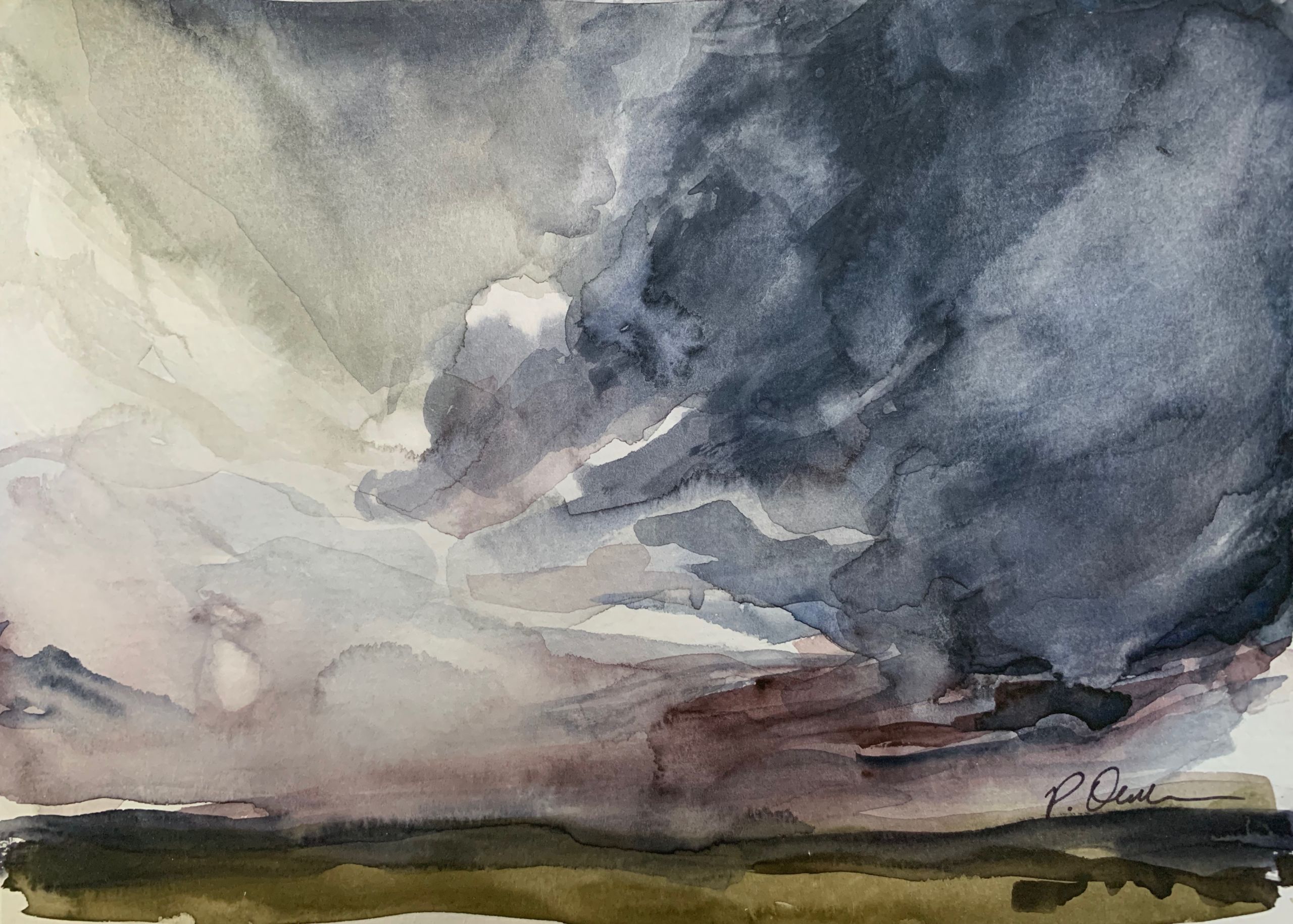 Watercolor landscape with dramatic cloudy skies