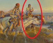 circled detail of a painting showing an Indigenous woman on horseback looking to the white male figure next her while holding up both hands in the one handshape with palms facing toward her body