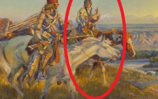 circled detail of a painting showing an Indigenous woman on horseback looking to the white male figure next her while holding up both hands in the one handshape with palms facing toward her body