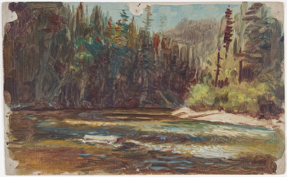 oil sketch of a stream running through a forest
