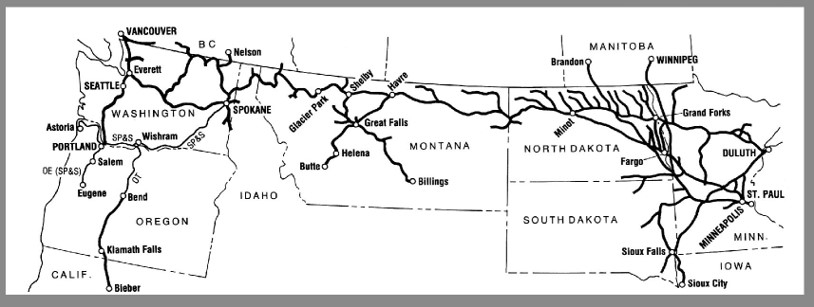 map of northern United States with lines of railway route
