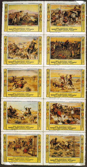 sheet of stamps with Russell paintings