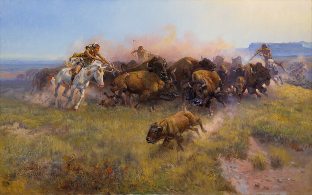 painting of Indigenous hunters on white horses circling herd of bison