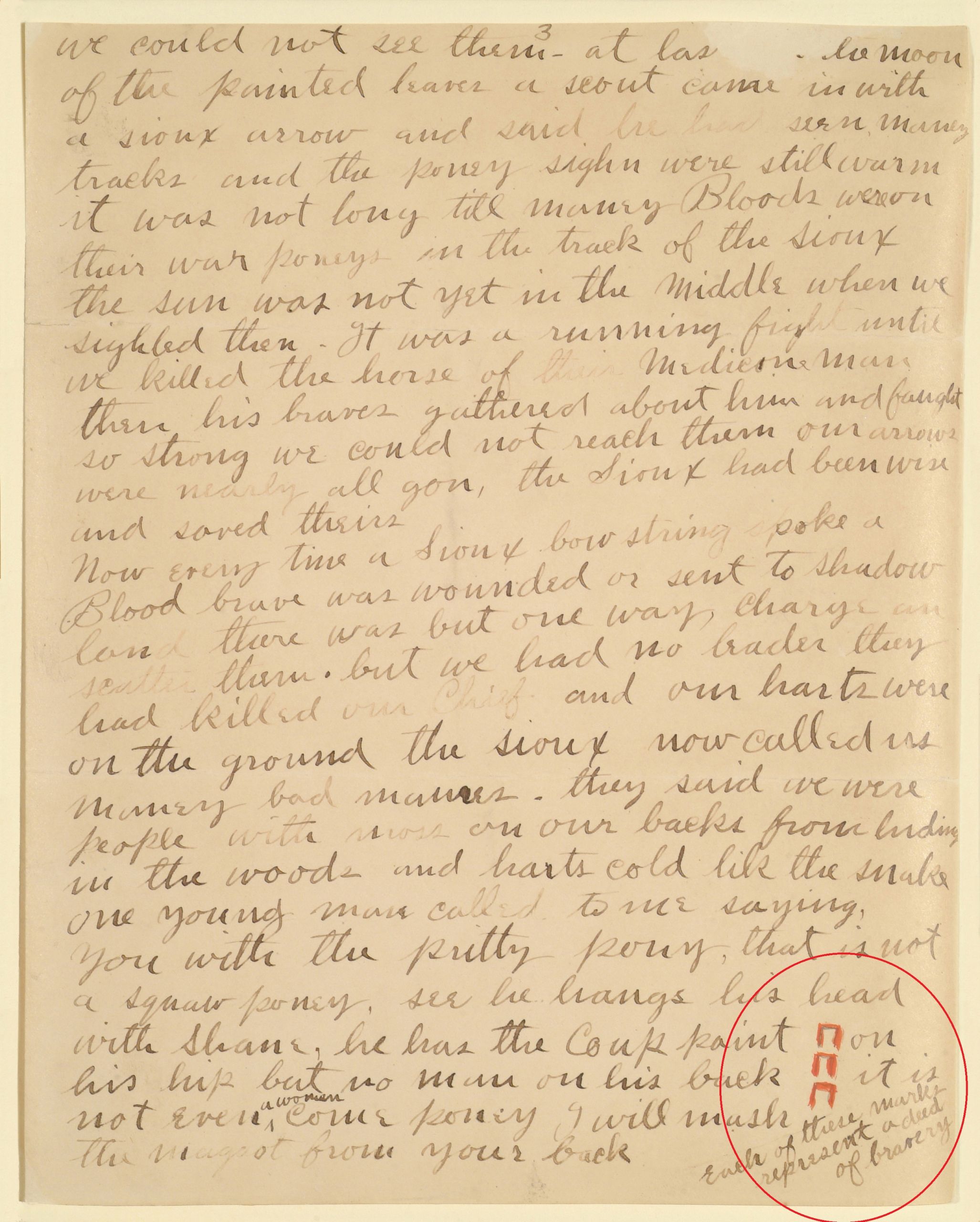 a page of a letter with a red circle in bottom corner