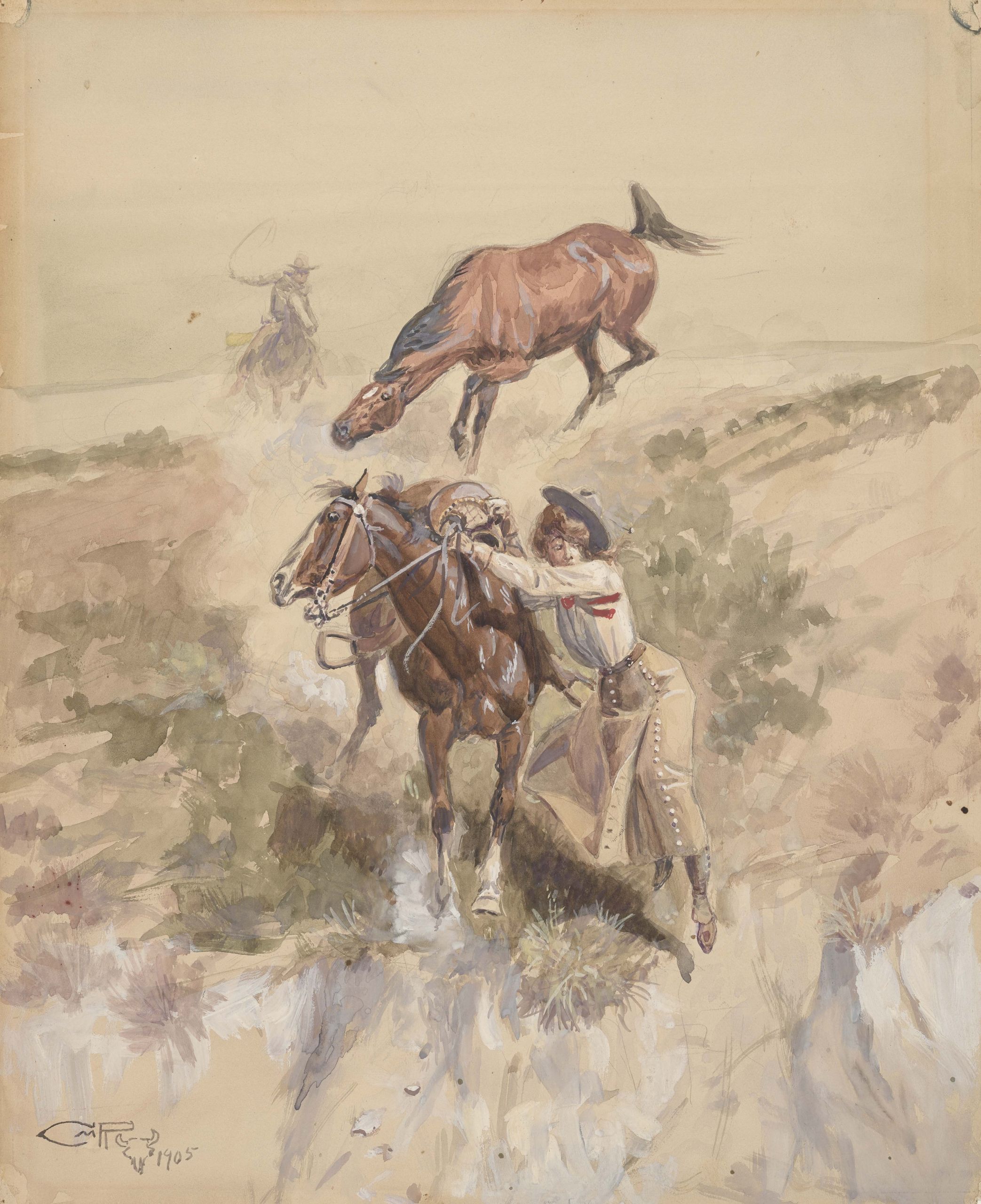 painting of a woman stumbling down a hill grasping to the side of a horse