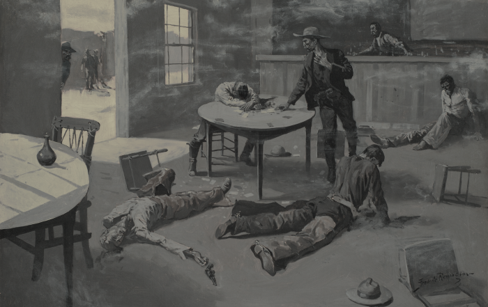 One man standing at a card table with the men shot on the ground around him