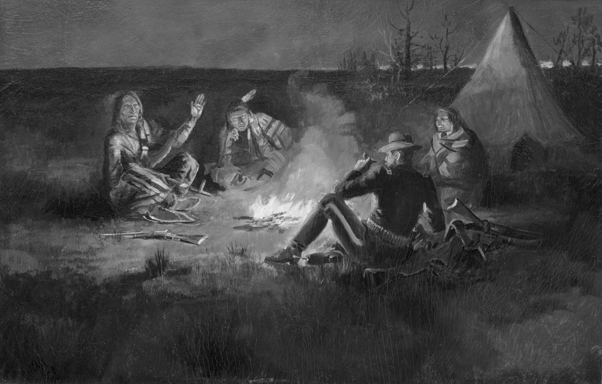 a white military officer sitting around a campfire at night with three Indigenous people