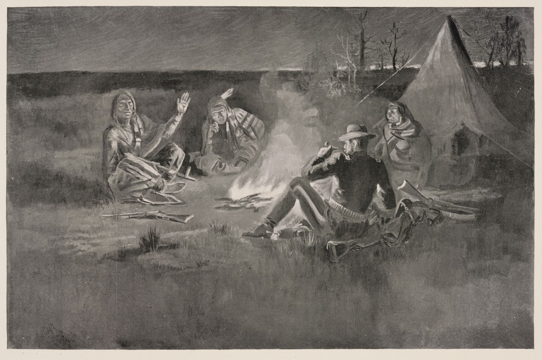 A white military officer sitting at a campsite at night with three Indigenous people