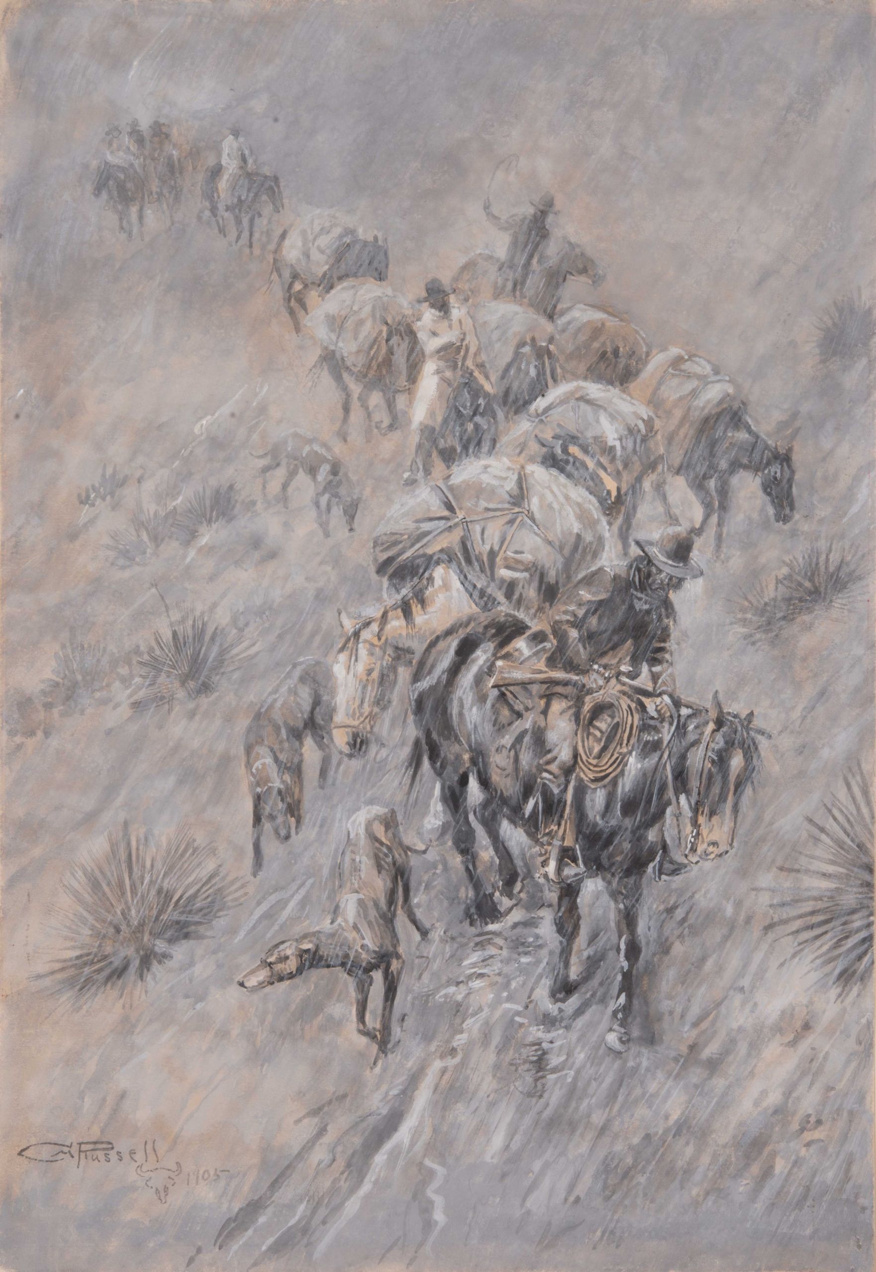 painting of a pack of horses and mules going down hill in the rain