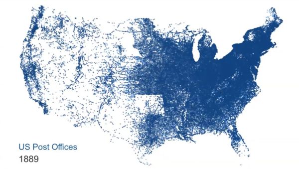 US map with blue dots spreading west