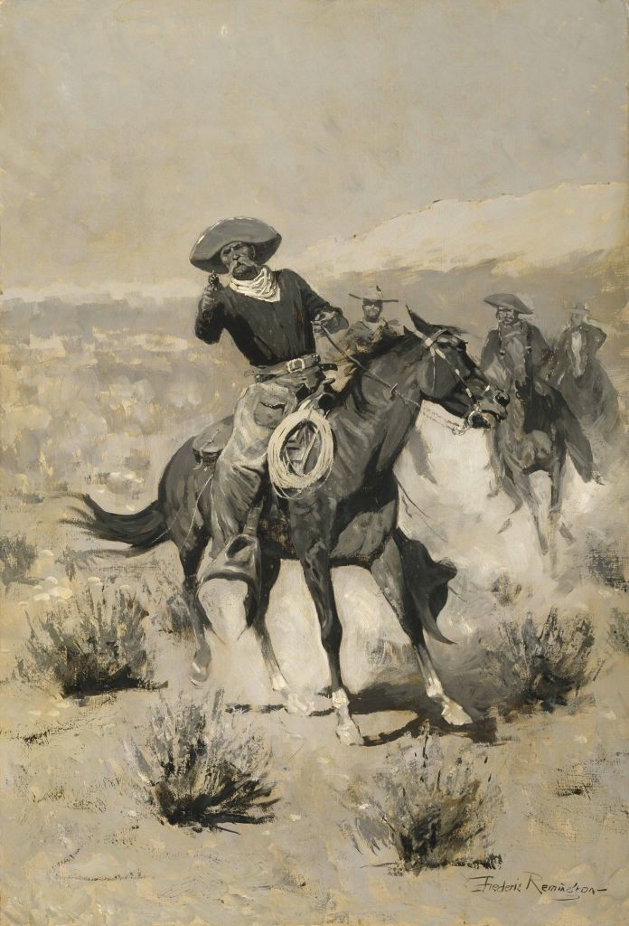 A white cowboy on horseback pointing his gun at the viewer.