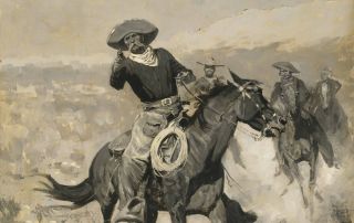 A white cowboy on horseback pointing his gun at the viewer.