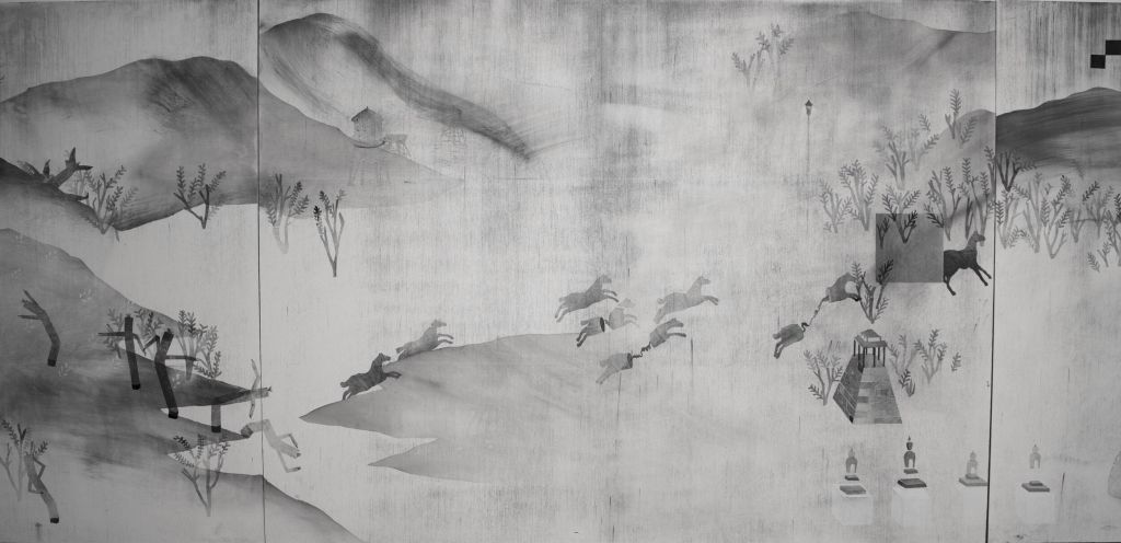 black and white drawing of silhouettes of horses in an ethereal landscape