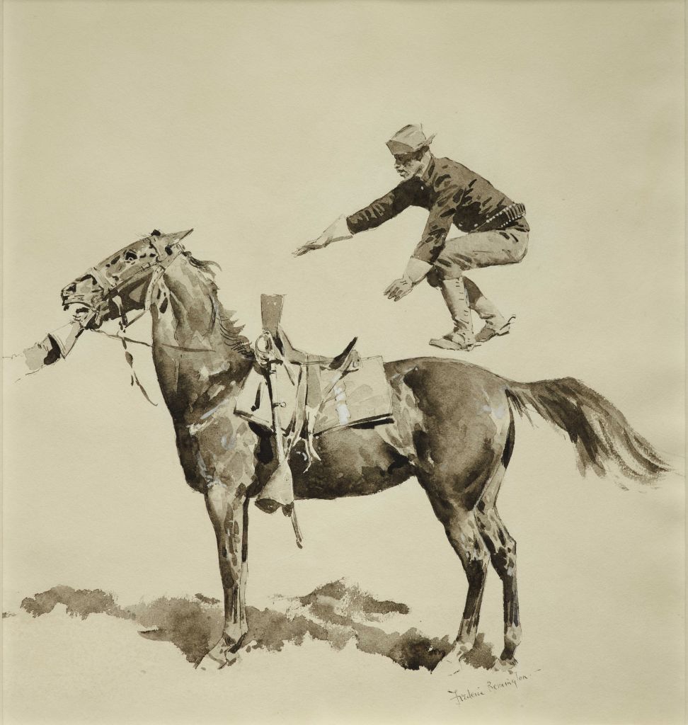 A soldier jumping onto the back of a horse.