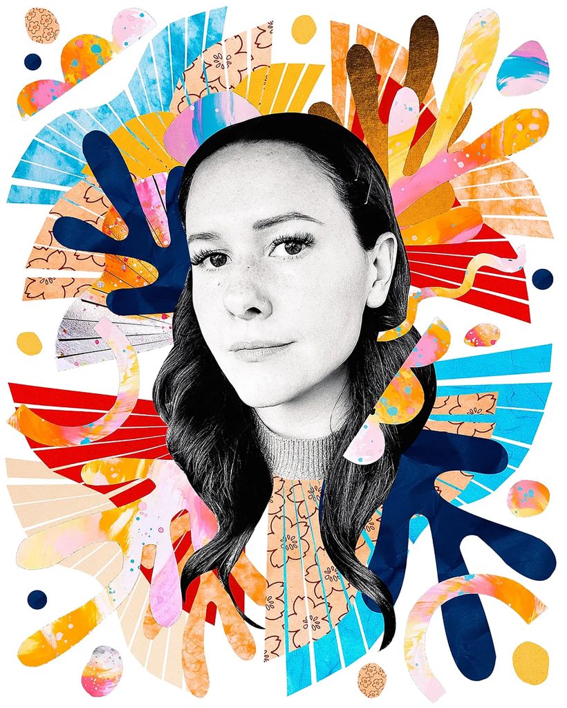 collage with photograph of a woman in center