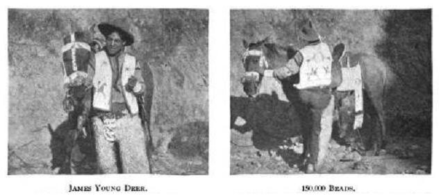 Two black and white photographs of a Native American man standing with a horse.