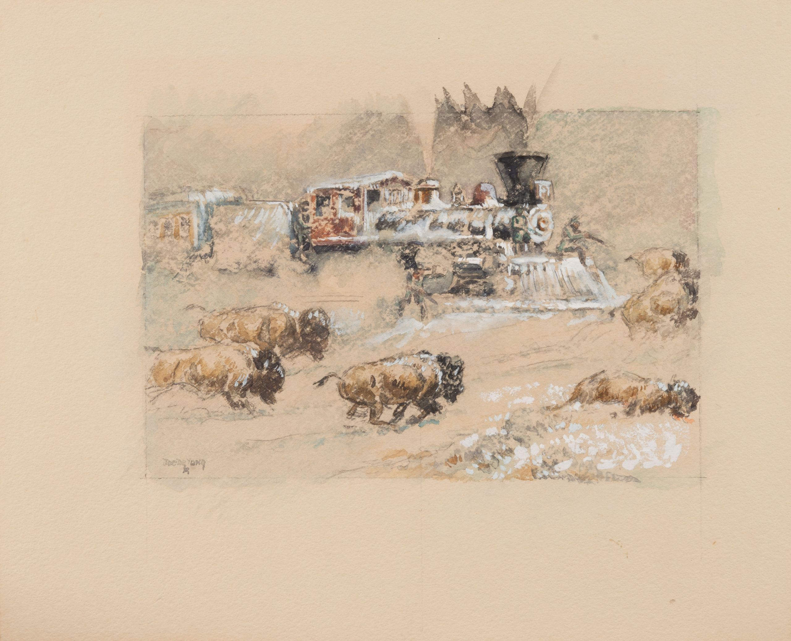 A sketch of buffalo running alongside a train.
