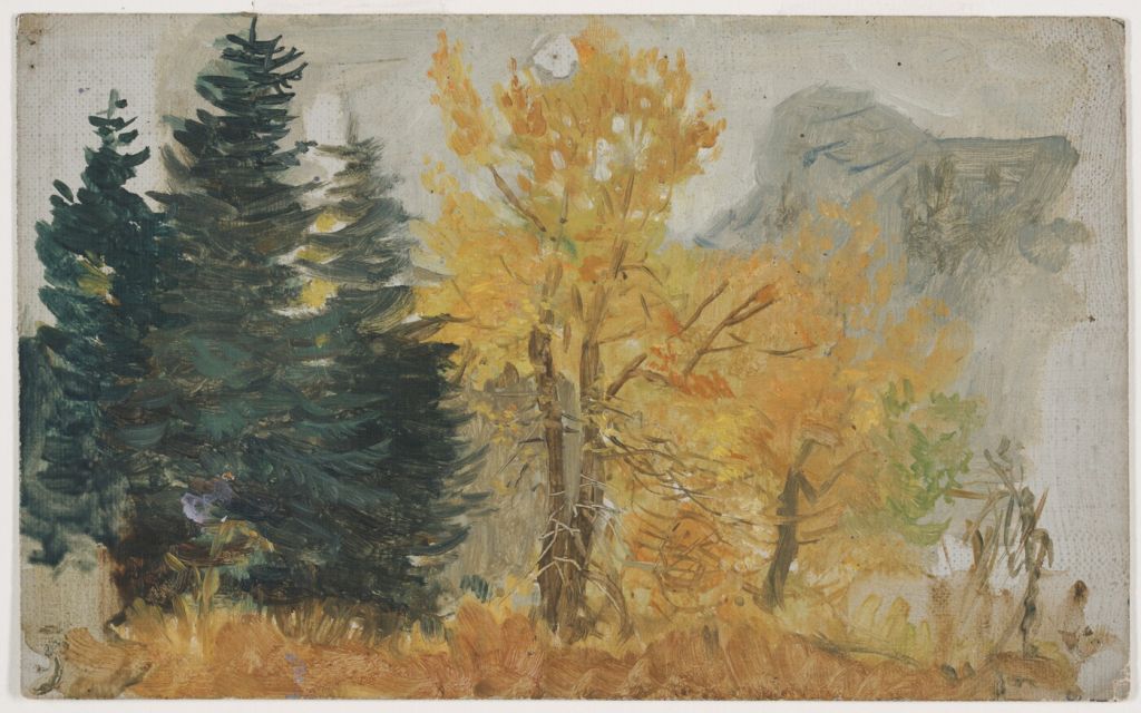 painted sketch of green and yellow trees
