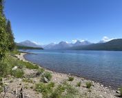 shoreline of a lake with mountains in background