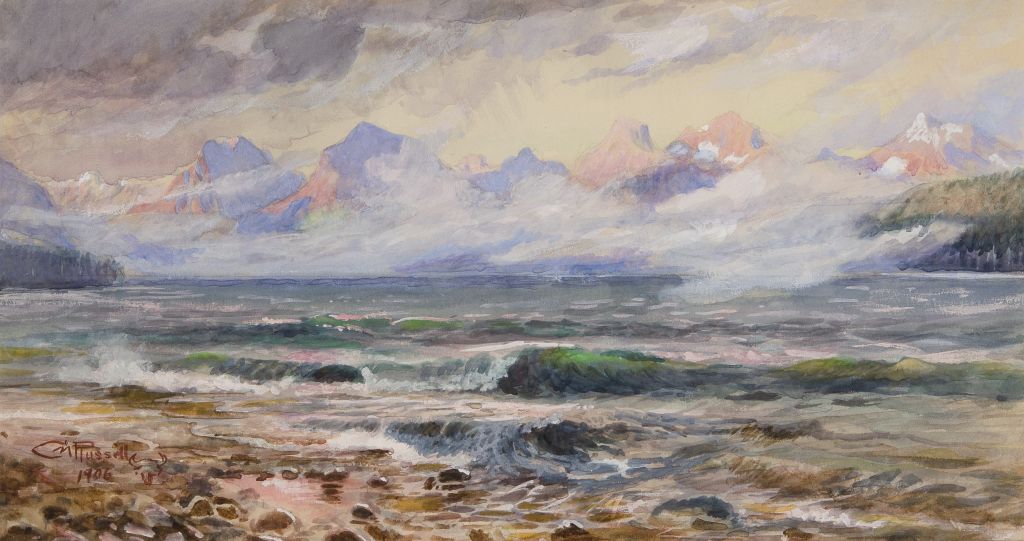 watercolor painting of waves crashing against lake shoreline with mountains in background under stormy skies